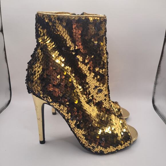 Shoe Republic LA Gold Sequin High Heel Booties Peep Toe Size 6.5 - Picture 1 of 8
